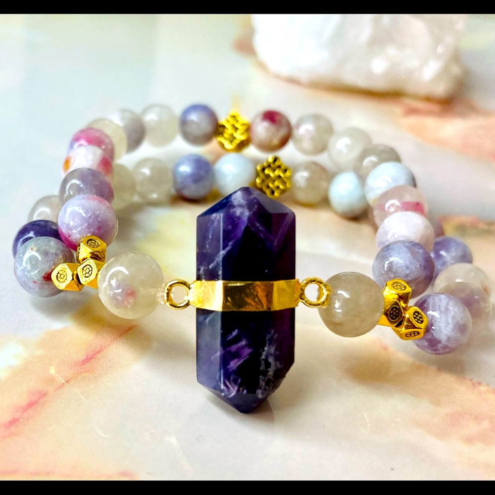 Happiness + Balance Crystal Bead Bracelet Amethyst Plum Tourmaline Gold Pendant